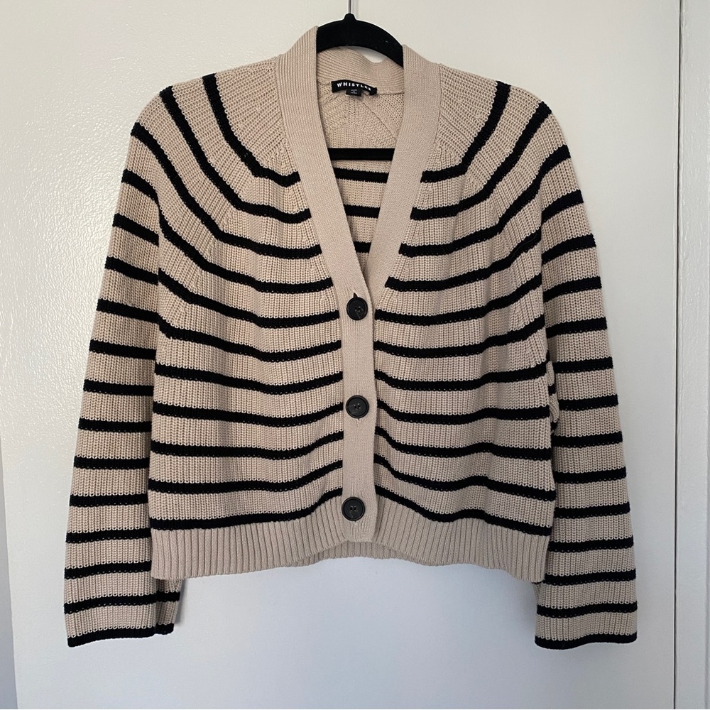 Whistles Cream Black Striped Button Up Sweater